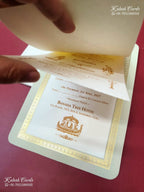 KLB-1505 Creme Golden Traditional Semi Box Wedding Card (2 Page & Couple Name Wooden Plate)-Kalash Cards