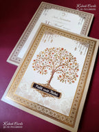 KLB-1506 Creme Golden Tree of Life Semi Box Wedding Card (2 Page & Couple Name Wooden Plate)-Kalash Cards