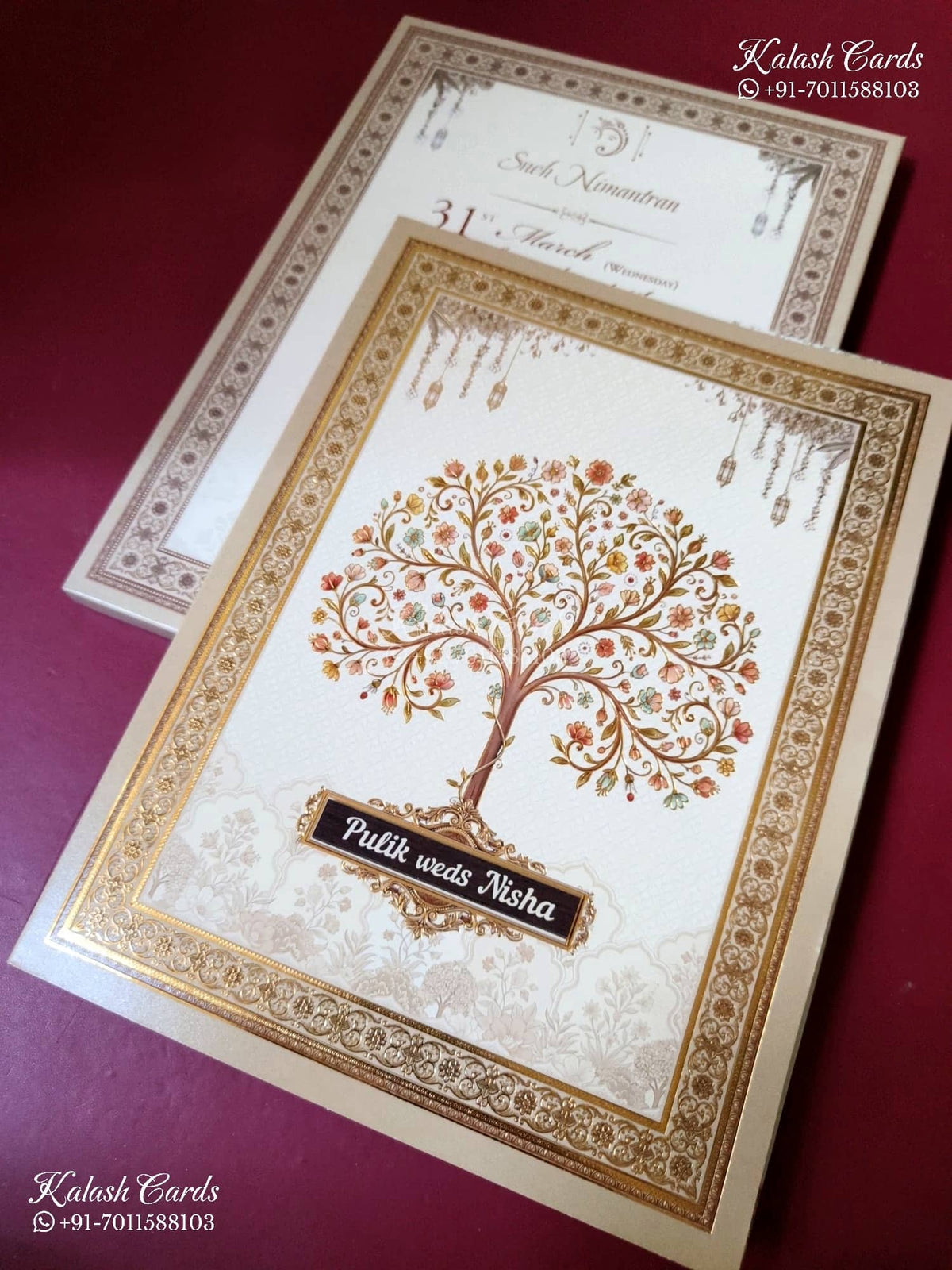 KLB-1506 Creme Golden Tree of Life Semi Box Wedding Card (2 Page & Couple Name Wooden Plate)-Kalash Cards