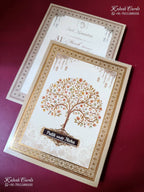 KLB-1506 Creme Golden Tree of Life Semi Box Wedding Card (2 Page & Couple Name Wooden Plate)-Kalash Cards