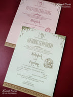 KLB-1506 Creme Golden Tree of Life Semi Box Wedding Card (2 Page & Couple Name Wooden Plate)-Kalash Cards