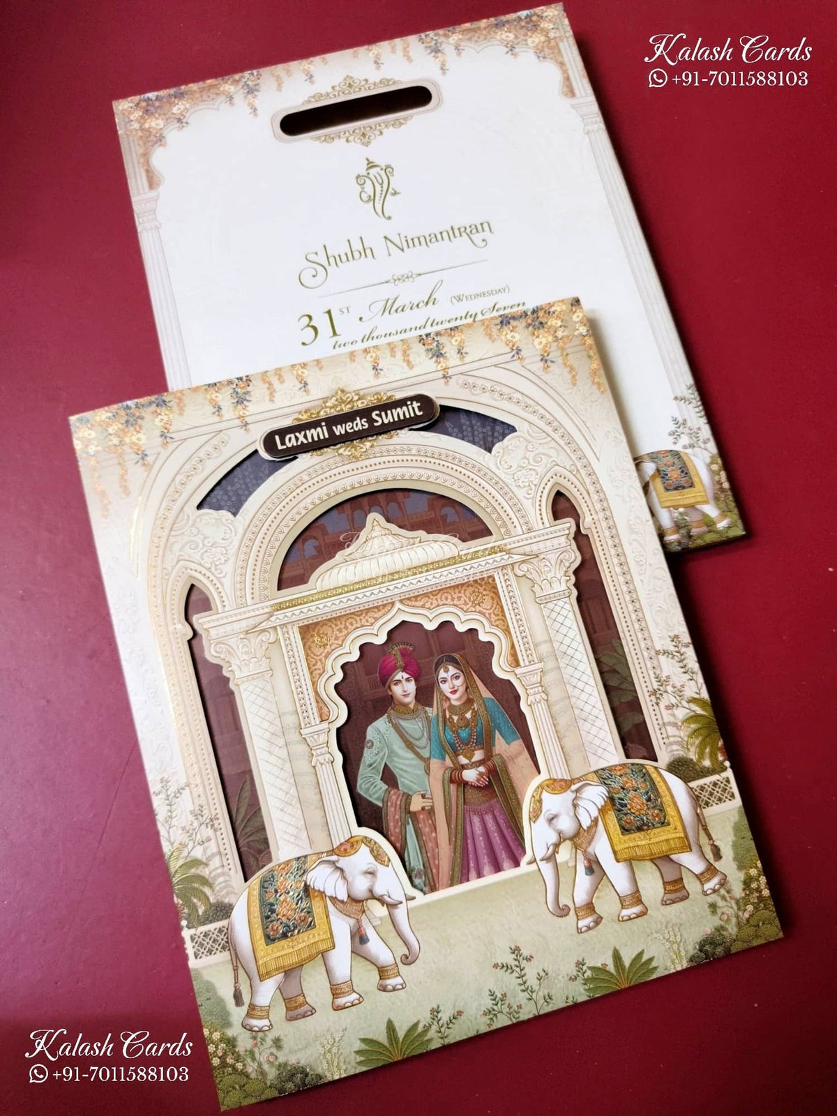 KLB-1511 Creme Brown Bride Groom Elephant Laser Cut Wedding Card (2 Page & Couple Name Wooden Plate)-Kalash Cards