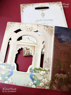 KLB-1511 Creme Brown Bride Groom Elephant Laser Cut Wedding Card (2 Page & Couple Name Wooden Plate)-Kalash Cards