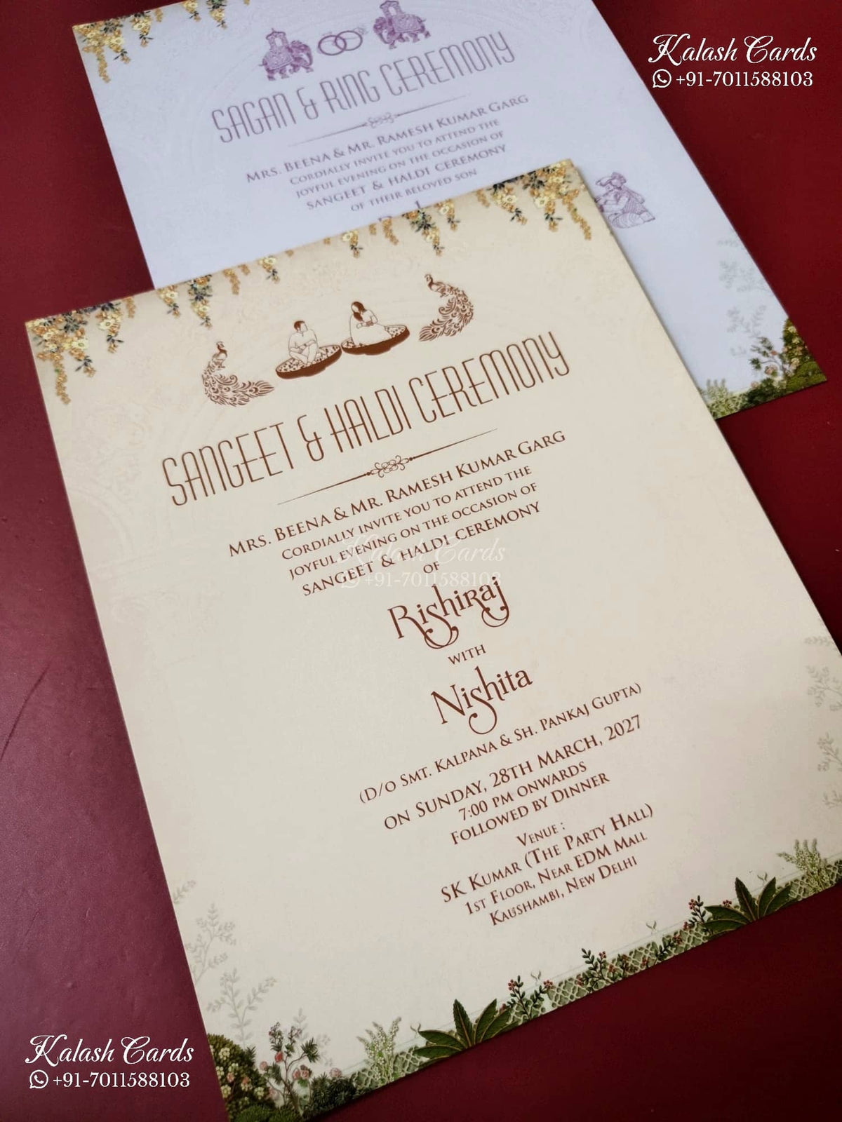 KLB-1511 Creme Brown Bride Groom Elephant Laser Cut Wedding Card (2 Page & Couple Name Wooden Plate)-Kalash Cards