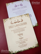 KLB-1511 Creme Brown Bride Groom Elephant Laser Cut Wedding Card (2 Page & Couple Name Wooden Plate)-Kalash Cards