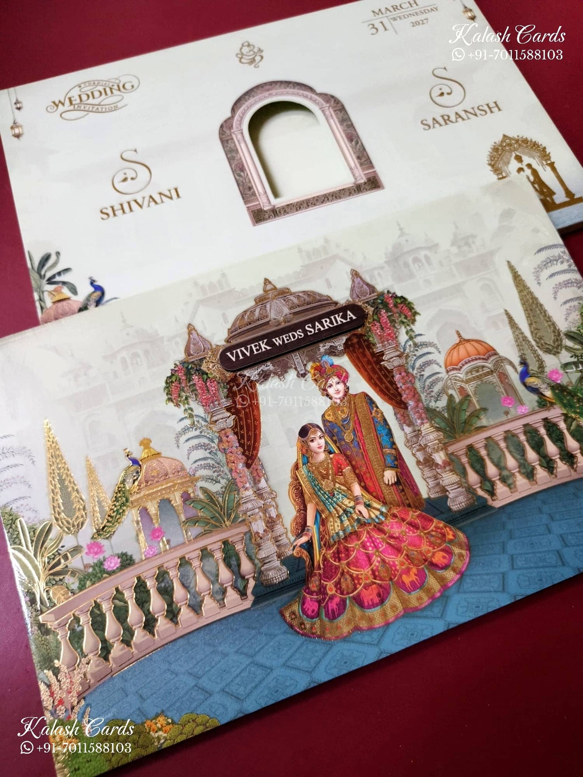 KLB-1512 Blue Bride Groom Semi Box Wedding Card (2 Page & Couple Name Wooden Plate)-Kalash Cards