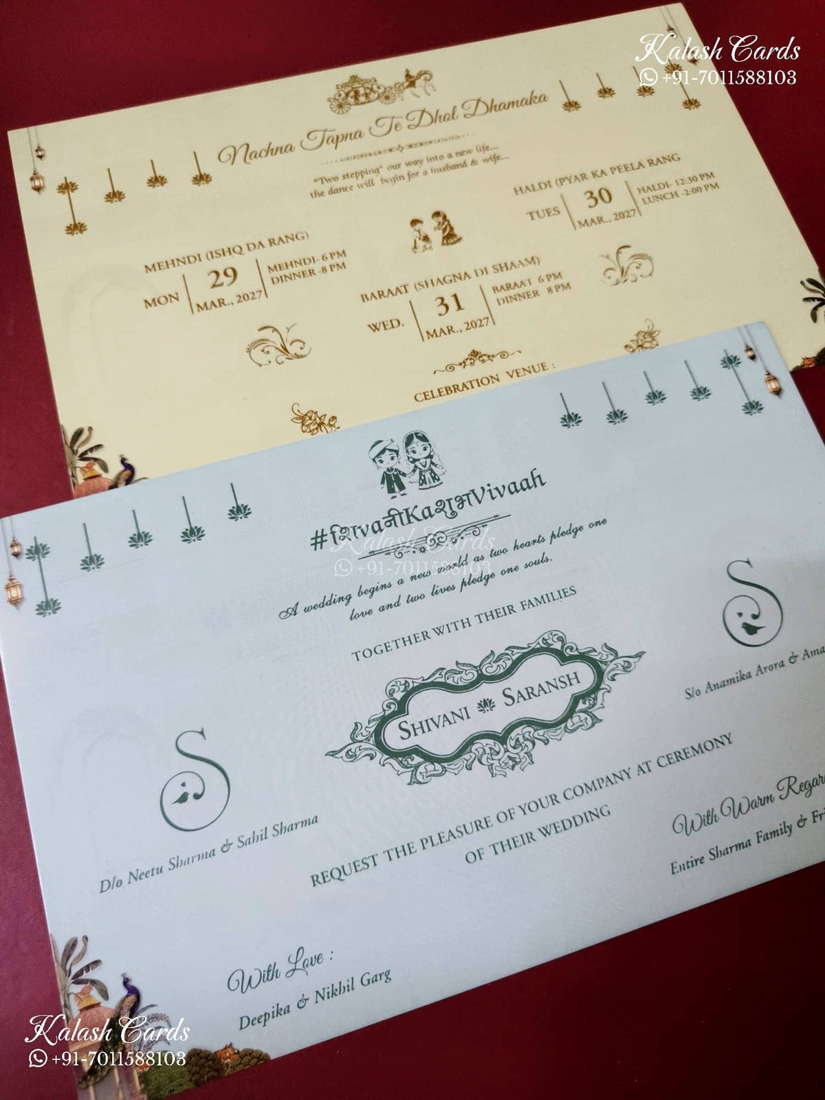 KLB-1512 Blue Bride Groom Semi Box Wedding Card (2 Page & Couple Name Wooden Plate)-Kalash Cards