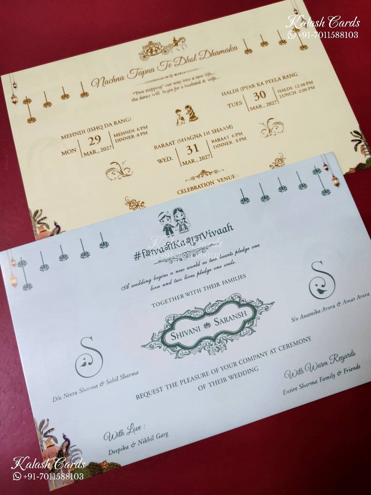 KLB-1512 Blue Bride Groom Semi Box Wedding Card (2 Page & Couple Name Wooden Plate)-Kalash Cards