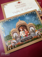 KLB-1515 Creme Blue Bride Groom Elephant Semi Box Wedding Card (2 Page & Couple Name Wooden Plate)-Kalash Cards