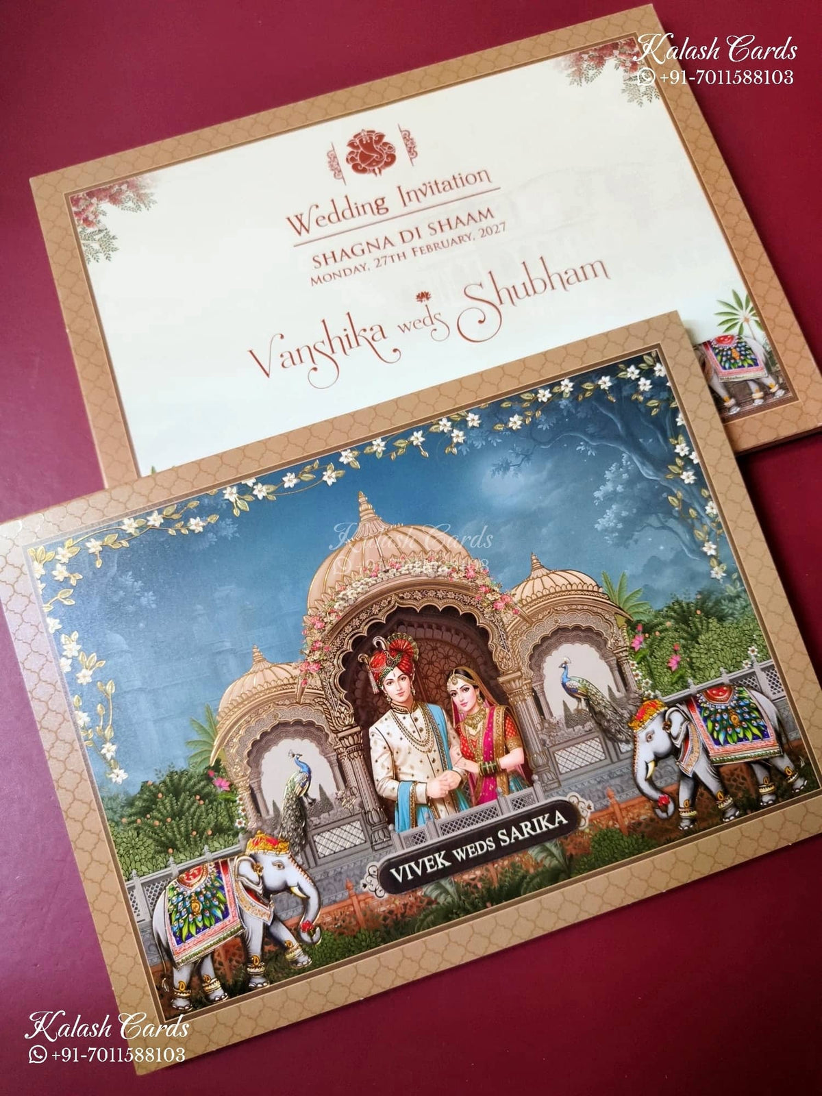 KLB-1515 Creme Blue Bride Groom Elephant Semi Box Wedding Card (2 Page & Couple Name Wooden Plate)-Kalash Cards