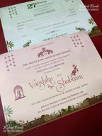 KLB-1515 Creme Blue Bride Groom Elephant Semi Box Wedding Card (2 Page & Couple Name Wooden Plate)-Kalash Cards