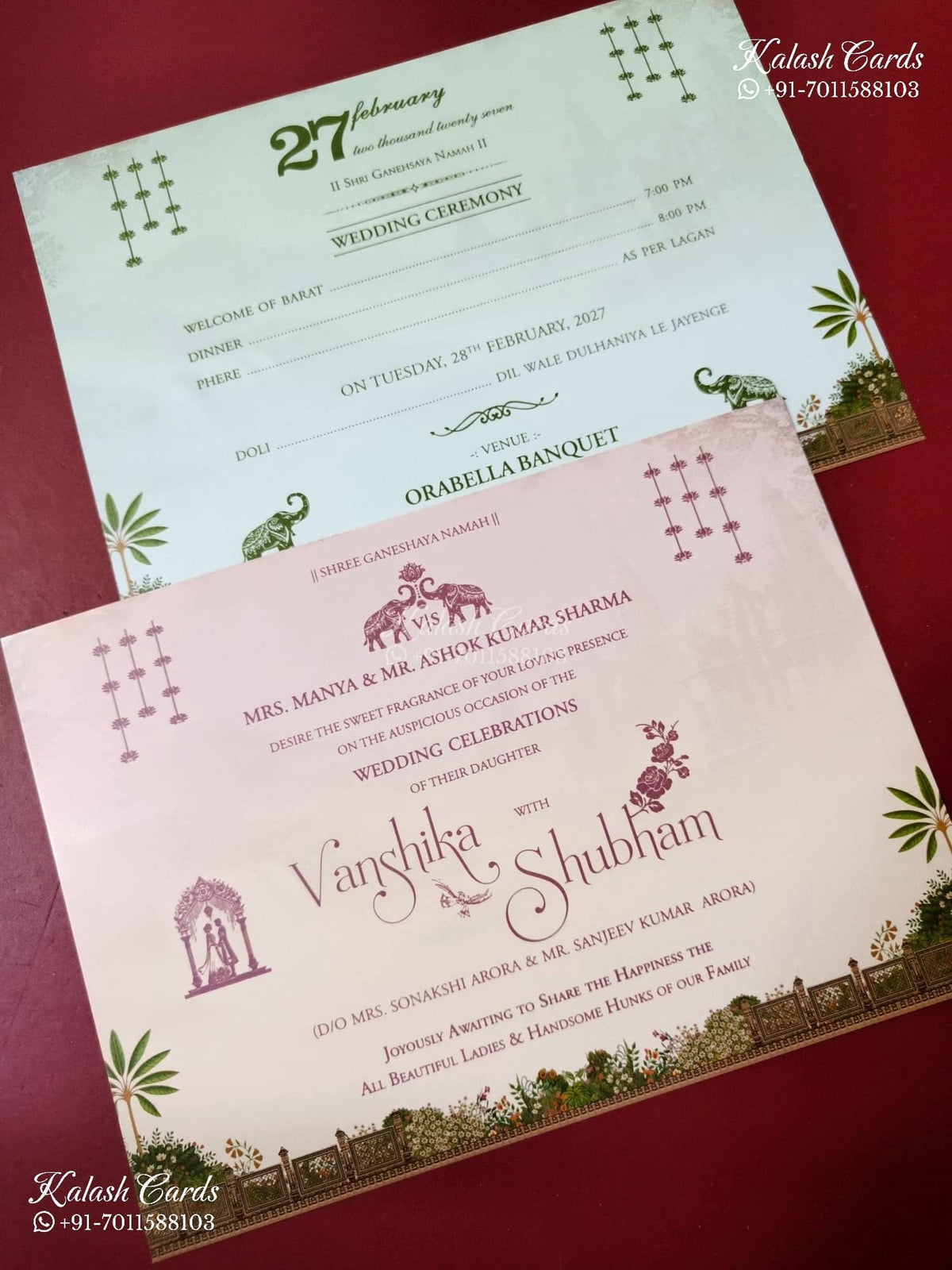 KLB-1515 Creme Blue Bride Groom Elephant Semi Box Wedding Card (2 Page & Couple Name Wooden Plate)-Kalash Cards