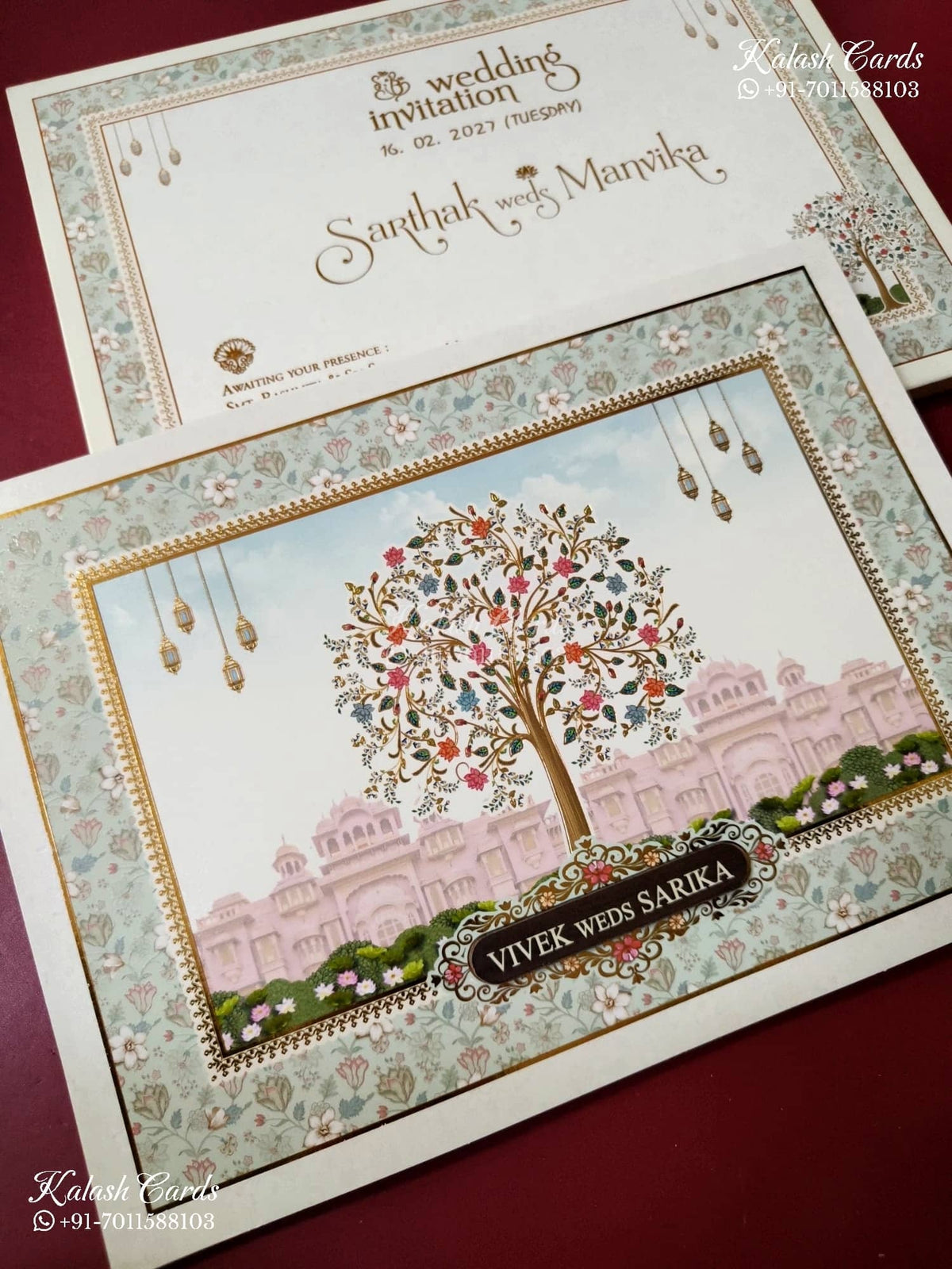 KLB-1516 White Tree of Life Semi Box Wedding Card (2 Page & Couple Name Wooden Plate)-Kalash Cards