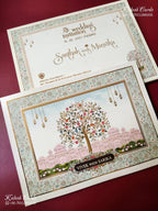 KLB-1516 White Tree of Life Semi Box Wedding Card (2 Page & Couple Name Wooden Plate)-Kalash Cards