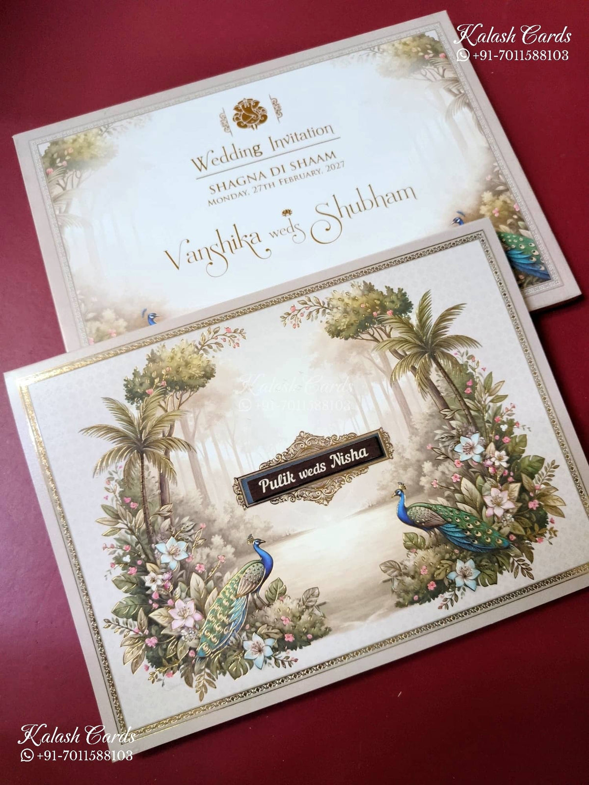 KLB-1519 White Elephant Semi Box Wedding Card (2 Page & Couple Name Wooden Plate)-Kalash Cards