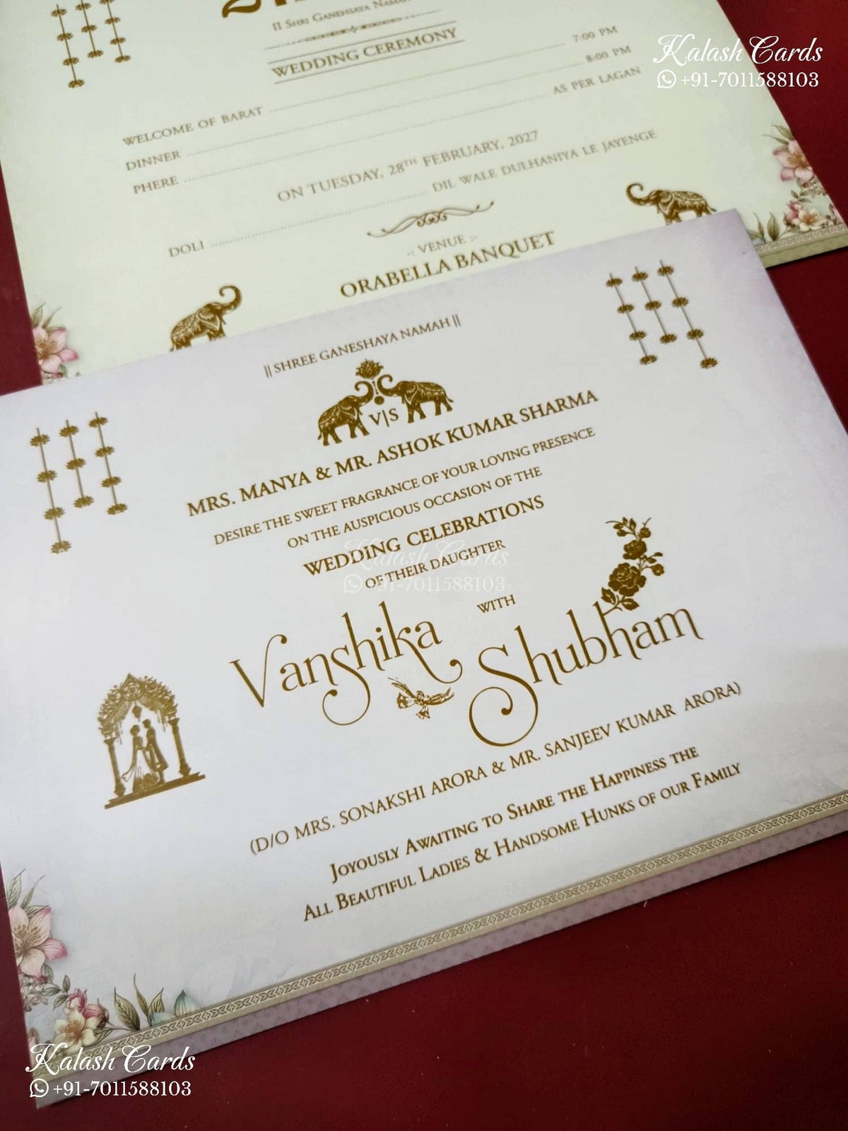 KLB-1519 White Elephant Semi Box Wedding Card (2 Page & Couple Name Wooden Plate)-Kalash Cards