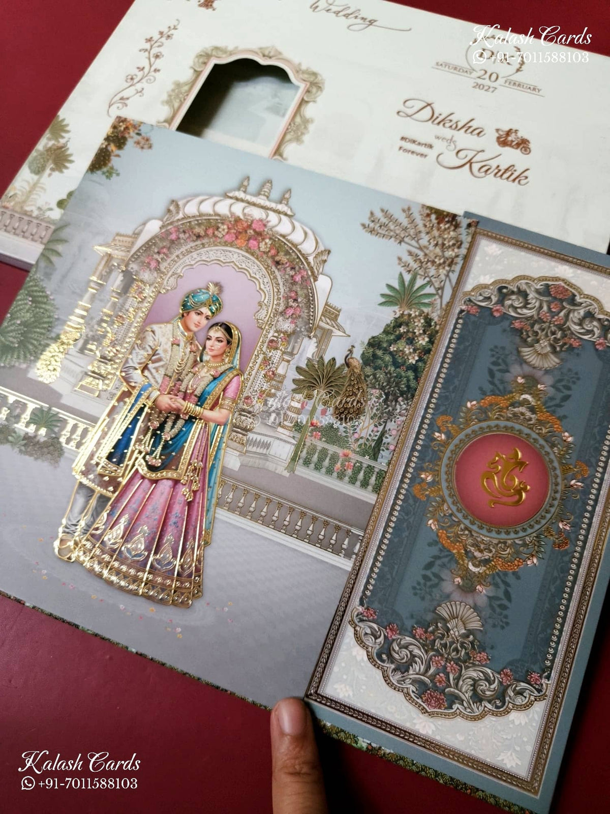 KLB-1527 Blue Bride Groom 3D Gold Foil Door Style Semi Box Wedding Card (2 Page)-Kalash Cards