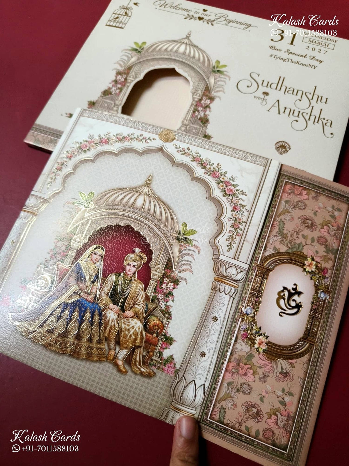KLB-1528 Creme Peach Bride Groom Door Style Semi Box Wedding Card (2 Page)-Kalash Cards