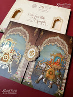 KLB-1529 Blue Brown Bride Groom Elephant 3D Gold Foil Semi Box Wedding Card (2 Page)-Kalash Cards