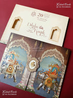 KLB-1529 Blue Brown Bride Groom Elephant 3D Gold Foil Semi Box Wedding Card (2 Page)-Kalash Cards