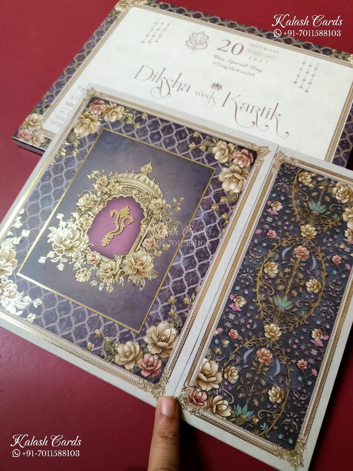 KLB-1530 Purple Traditional 3D Gold Foil Door Style Semi Box Wedding Card (2 Page)-Kalash Cards