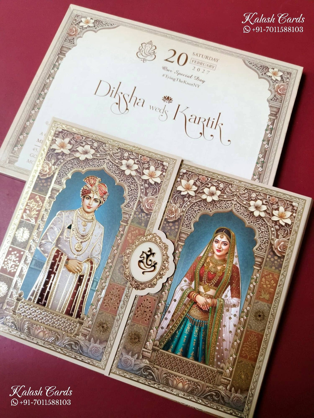 KLB-1531 Brown Bride Groom 3D Gold Foil Door Style Semi Box Wedding Card (2 Page)-Kalash Cards