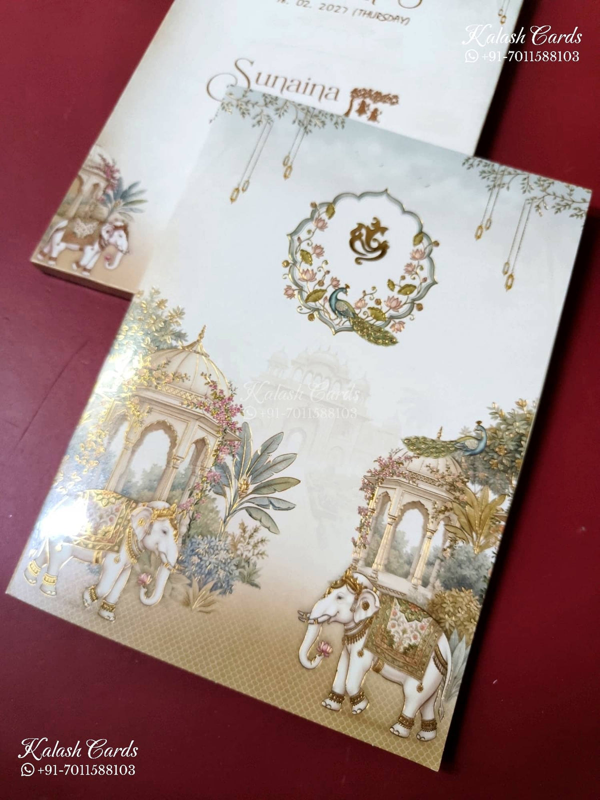 KLB-1534 White Blue Elephant Semi Box Wedding Card (2 Page)-Kalash Cards