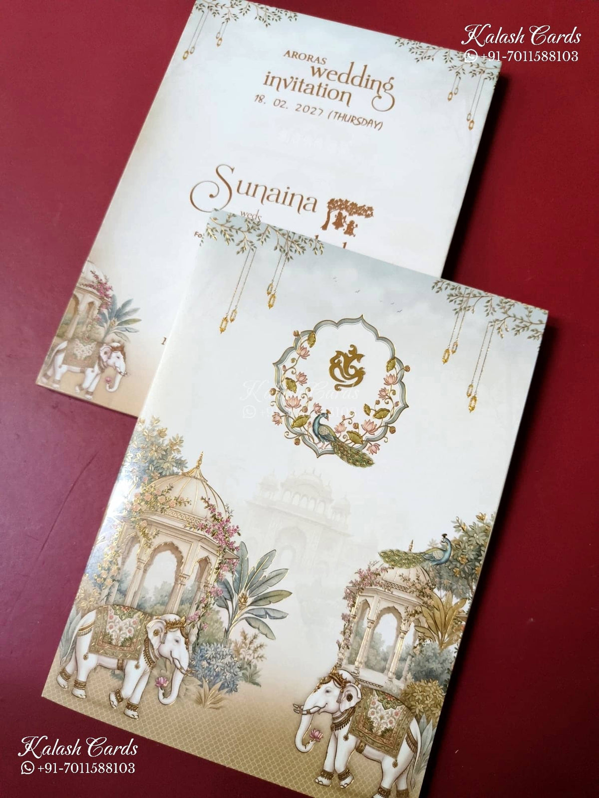 KLB-1534 White Blue Elephant Semi Box Wedding Card (2 Page)-Kalash Cards