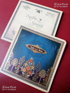 KLB-1536 Royal Blue Floral 3D Gold Foil Wedding Card (2 Page & Couple Name Wooden Plate)-Kalash Cards