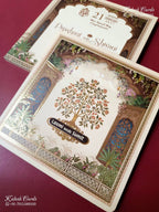 KLB-1538 Creme Tree of Life 3D Gold Foil Semi Box Wedding Card (2 Page & Couple Name Wooden Plate)-Kalash Cards