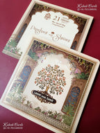 KLB-1538 Creme Tree of Life 3D Gold Foil Semi Box Wedding Card (2 Page & Couple Name Wooden Plate)-Kalash Cards