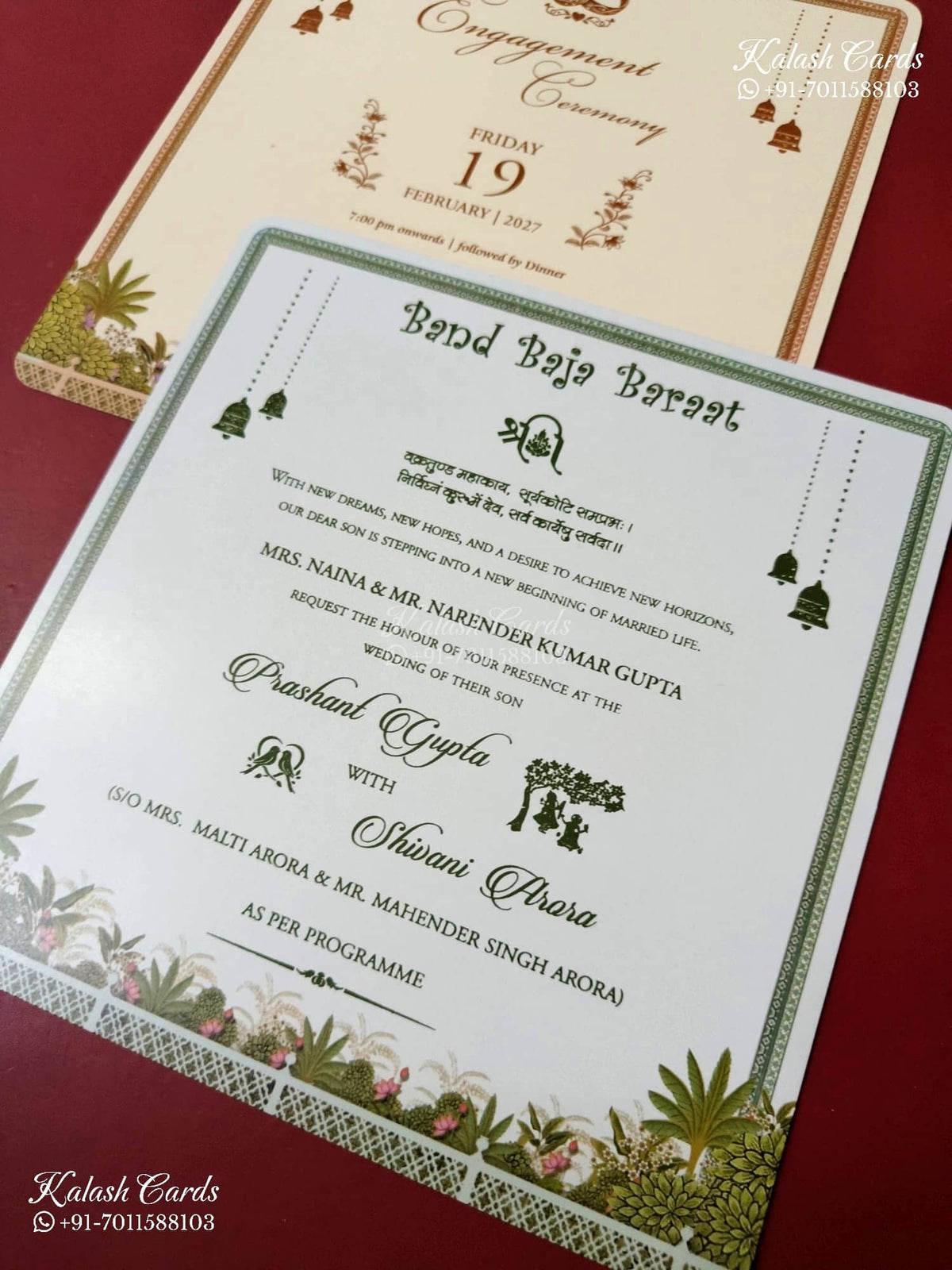 KLB-1538 Creme Tree of Life 3D Gold Foil Semi Box Wedding Card (2 Page & Couple Name Wooden Plate)-Kalash Cards