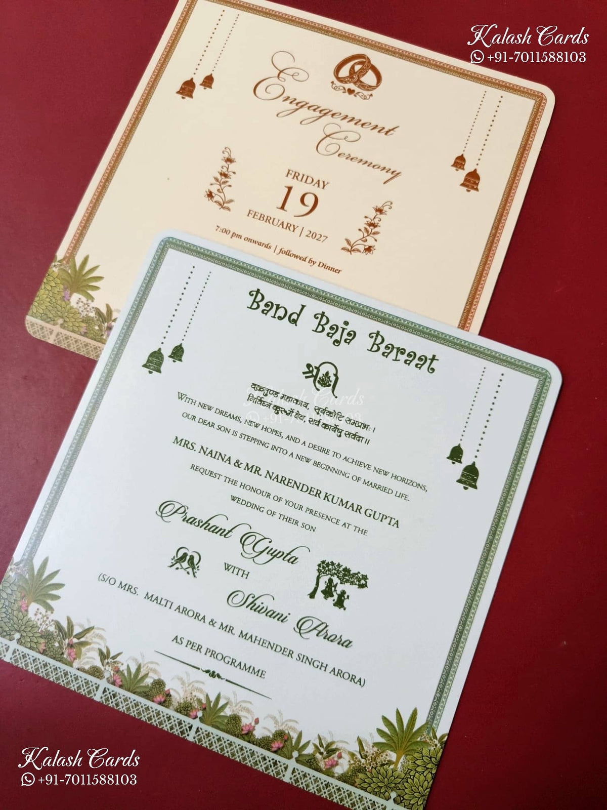 KLB-1538 Creme Tree of Life 3D Gold Foil Semi Box Wedding Card (2 Page & Couple Name Wooden Plate)-Kalash Cards