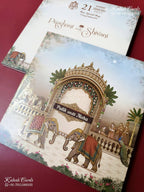 KLB-1540 Blue Royal Arch Elephant 3D Gold Foil Semi Box Wedding Card (2 Page & Couple Name Wooden Plate)-Kalash Cards