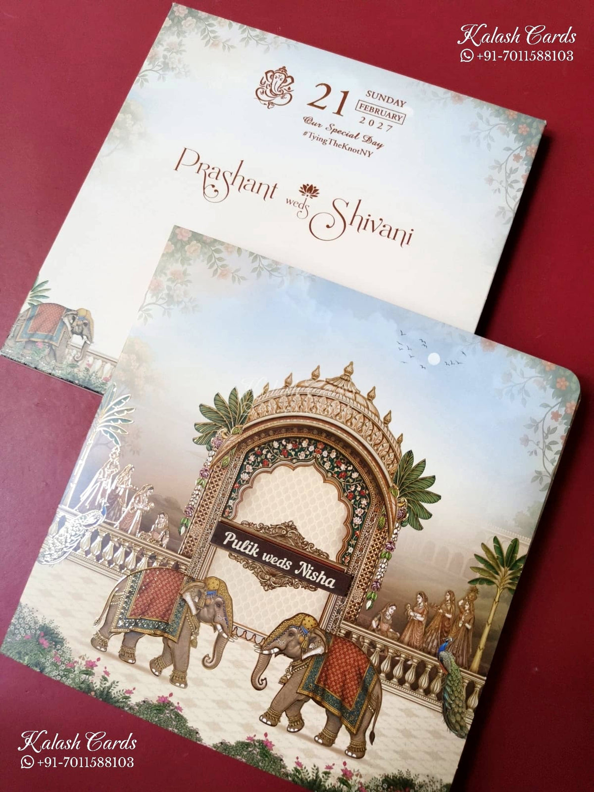 KLB-1540 Blue Royal Arch Elephant 3D Gold Foil Semi Box Wedding Card (2 Page & Couple Name Wooden Plate)-Kalash Cards