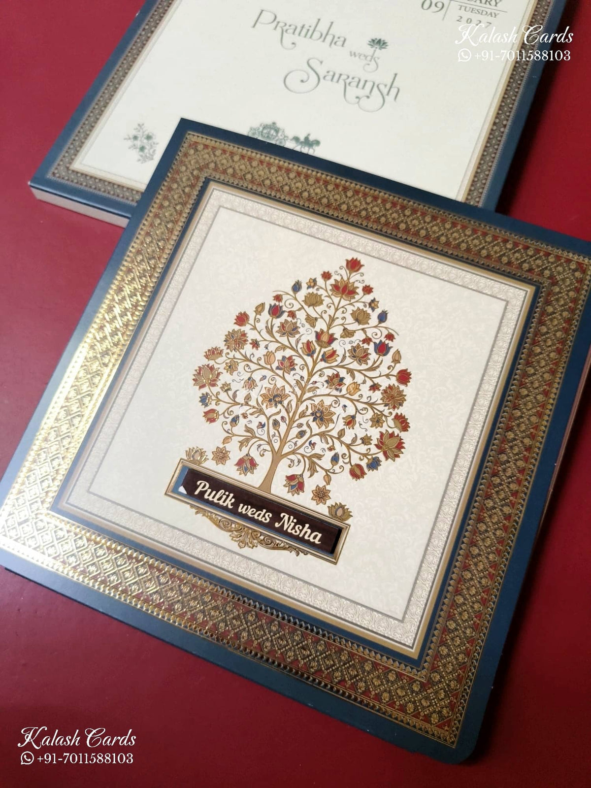 KLB-1542 Creme Blue Tree of Life 3D Gold Foil Semi Box Wedding Card (2 Page & Couple Name Wooden Plate)-Kalash Cards