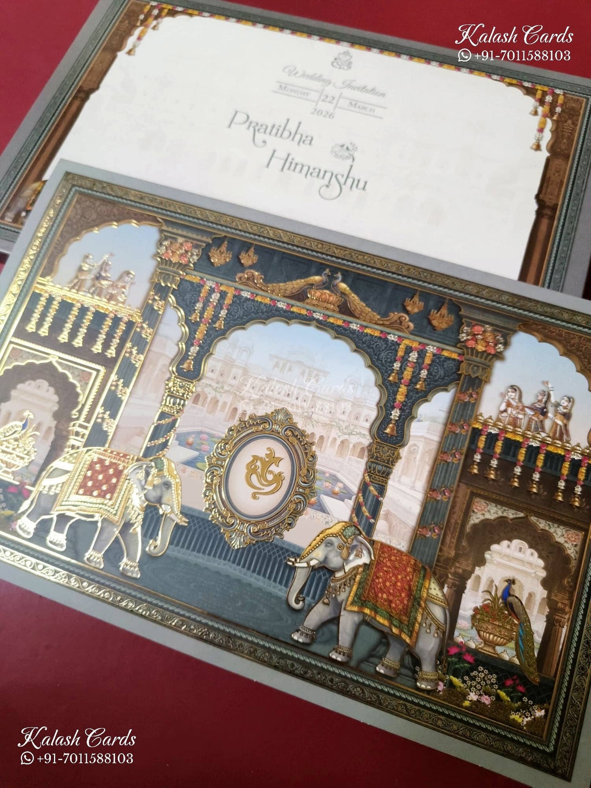 KLB-1544 Blue Royal Arch Elephant 3D Gold Foil Semi Box Wedding Card (2 Page)-Kalash Cards