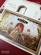 KLB-1545 White Blue Bride Groom 3D Gold Foil Semi Box Wedding Card (2 Page & Couple Name Wooden Plate)-Kalash Cards