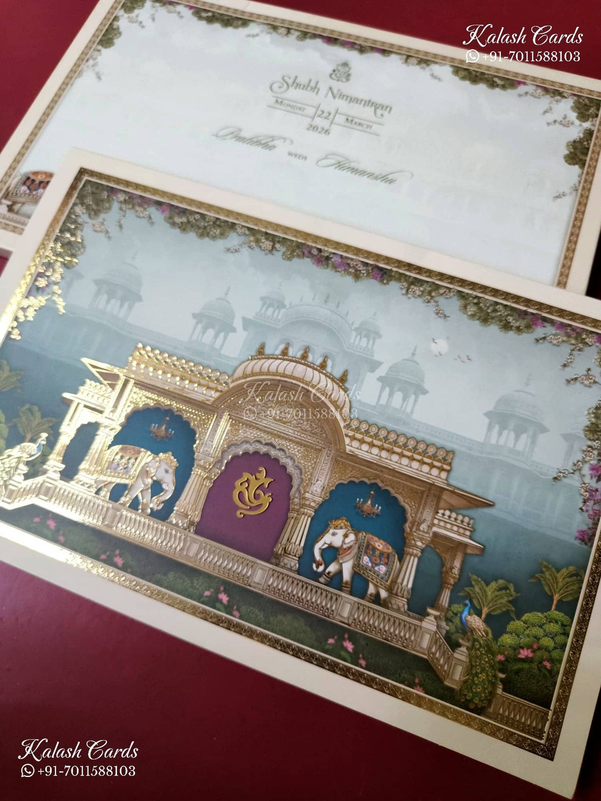 KLB-1546 Blue Royal Arch Elephant 3D Gold Foil Semi Box Wedding Card (2 Page)-Kalash Cards