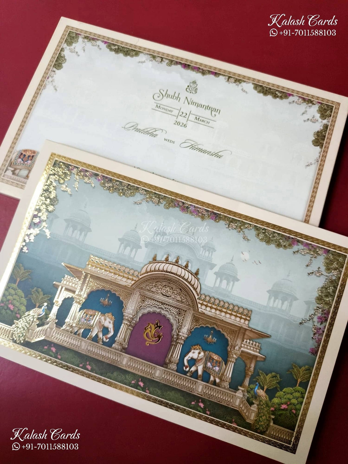 KLB-1546 Blue Royal Arch Elephant 3D Gold Foil Semi Box Wedding Card (2 Page)-Kalash Cards