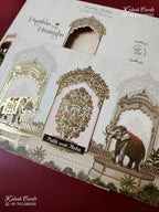 KLB-1548 Creme Elephant 3D Gold Foil Semi Box Wedding Card (2 Page & Couple Name Wooden Plate)-Kalash Cards