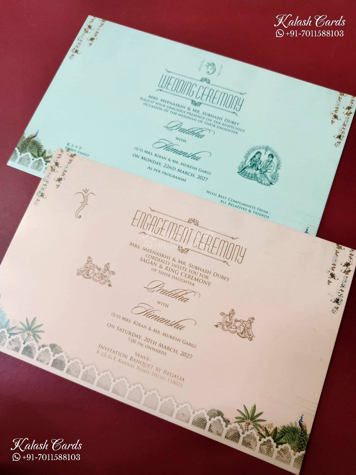 KLB-1548 Creme Elephant 3D Gold Foil Semi Box Wedding Card (2 Page & Couple Name Wooden Plate)-Kalash Cards