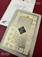 KLB-1550 Creme Golden Floral Semi Box Wedding Card (2 Page & Couple Name Wooden Plate)-Kalash Cards