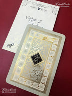 KLB-1550 Creme Golden Floral Semi Box Wedding Card (2 Page & Couple Name Wooden Plate)-Kalash Cards