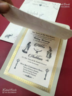 KLB-1550 Creme Golden Floral Semi Box Wedding Card (2 Page & Couple Name Wooden Plate)-Kalash Cards