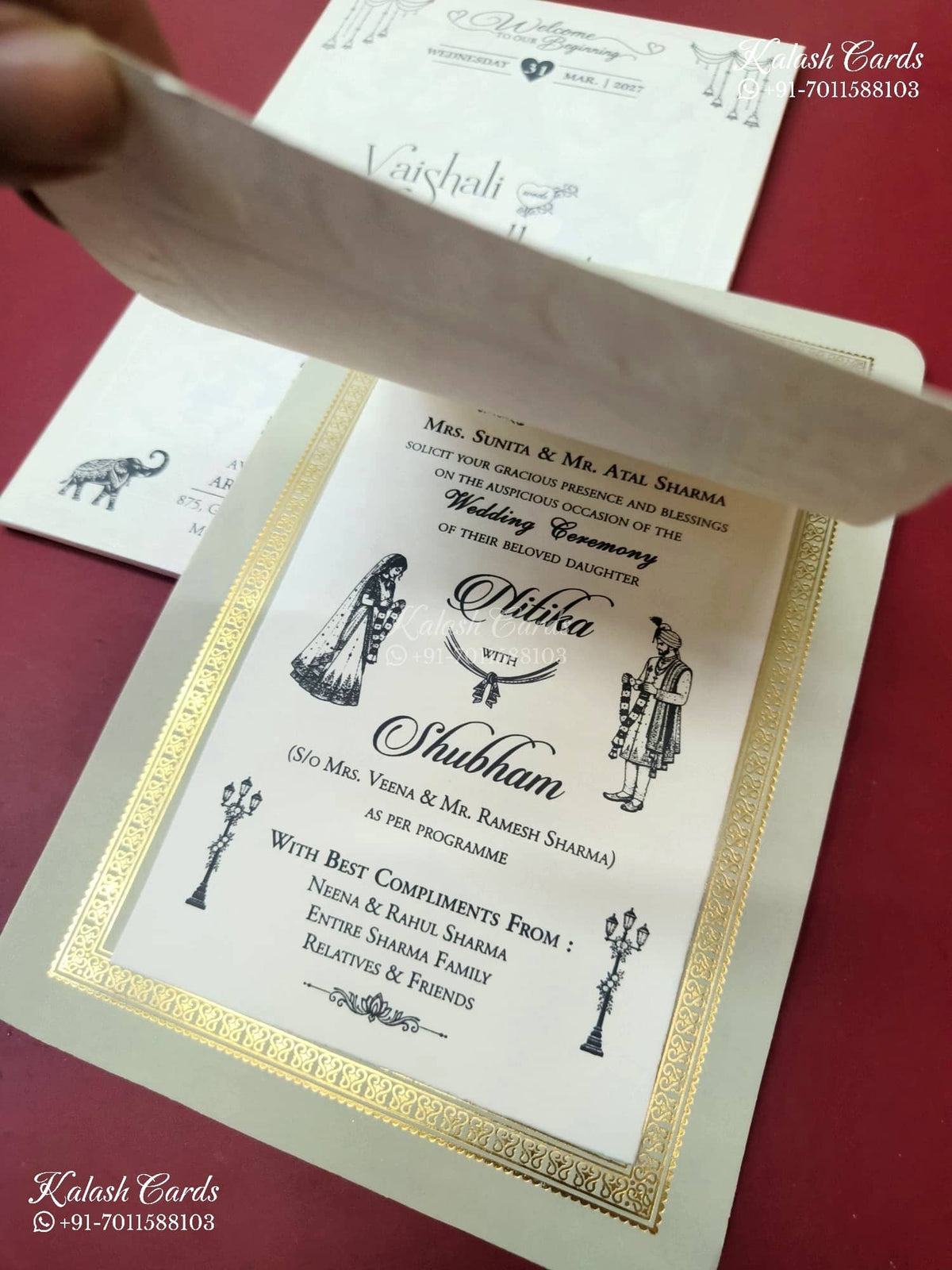 KLB-1550 Creme Golden Floral Semi Box Wedding Card (2 Page & Couple Name Wooden Plate)-Kalash Cards