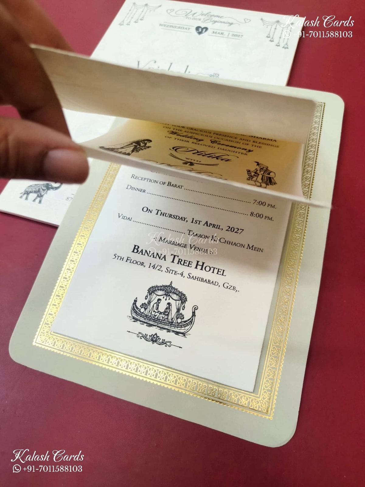 KLB-1550 Creme Golden Floral Semi Box Wedding Card (2 Page & Couple Name Wooden Plate)-Kalash Cards