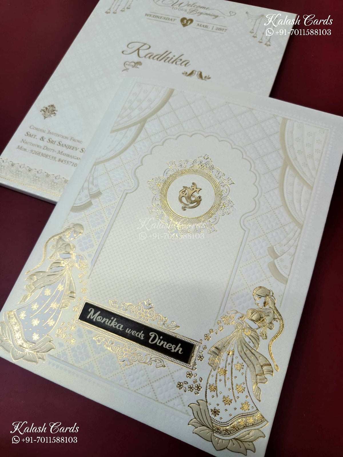 KLB-1551 White Golden Royal Arch Embossed Semi Box Wedding Card (2 Page & Couple Name Wooden Plate)-Kalash Cards