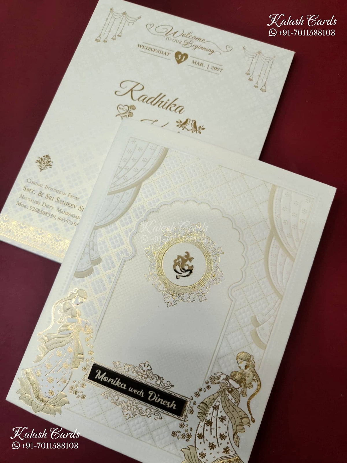 KLB-1551 White Golden Royal Arch Embossed Semi Box Wedding Card (2 Page & Couple Name Wooden Plate)-Kalash Cards