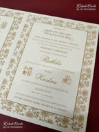 KLB-1551 White Golden Royal Arch Embossed Semi Box Wedding Card (2 Page & Couple Name Wooden Plate)-Kalash Cards